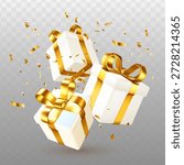 White gift boxes with shiny golden ribbons and scattered confetti on transparent background, symbolizing celebration and luxury. Vector illustration
