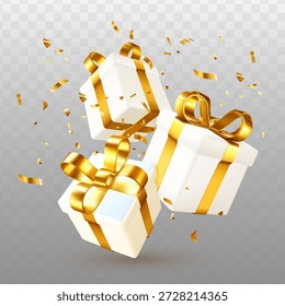 White gift boxes with shiny golden ribbons and scattered confetti on transparent background, symbolizing celebration and luxury. Vector illustration