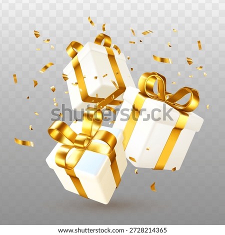 White gift boxes with shiny golden ribbons and scattered confetti on transparent background, symbolizing celebration and luxury. Vector illustration