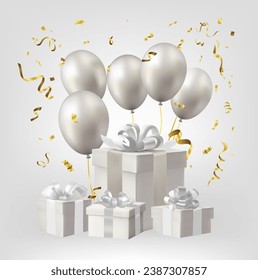 White gift boxes with silver balloons and confetti. Vector illustration.