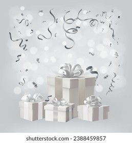 White gift boxes with silver ribbons and confetti. Vector illustration.