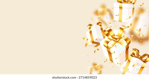Weiße Geschenkschachteln mit glänzenden goldenen Bändern und Schleifen umwickelt, schwebend mit goldenem Konfetti auf weichbeigem Hintergrund. Festkonzept. Vektorgrafik