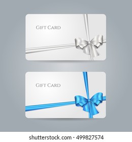 White gift card with blue, silver bow and ribbons. Vector template for design invitation and credit or discount card. Isolated from a background