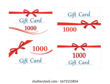 Tarjeta blanca de regalo con el arco rojo y la plantilla de cintas.  Ilustraciones vectoriales de tarjetas de regalo.