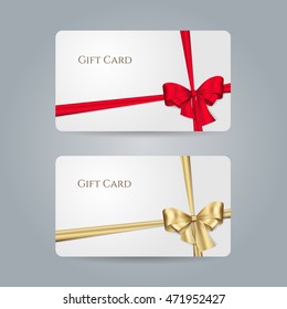 White gift card with red, golden bow and ribbons. Vector template for design invitation and credit or discount card. Isolated from a background