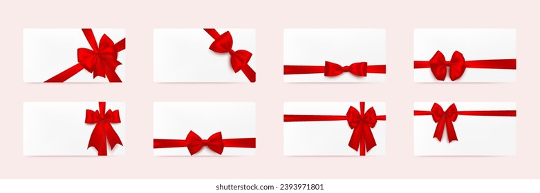 White gift card with red ribbon and bow collection. Set of holiday present, birthday celebration surprise, sale coupon, empty mockup and copy space. Vector illustration