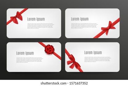 White gift card text template set with red ribbon line with festive bow on the corner. Present voucher or holiday label collection - isolated vector illustration
