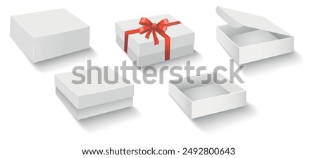 White gift cardboard box. 3d blank open and closed box mockups isolated vector illustration