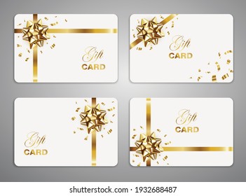 White gift cards with golden bow and confetti. Greeting card templates set. Vector illustration.