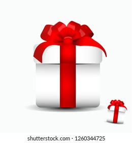 White gift on a white background with a red satin ribbon. Holiday Box