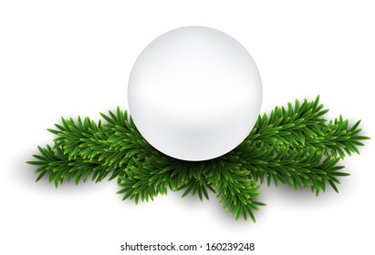 White gift pearl on green christmas tree branches. Vector illustration. 