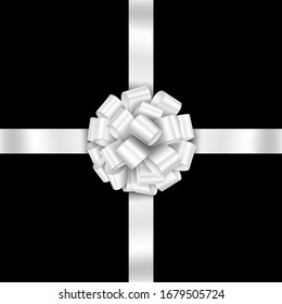 White Gift Ribbon Bow Cross Vector. Illustration of Greeting White Gift Wrapping Ribbon and Bow Crossed at the Center on Black Background.