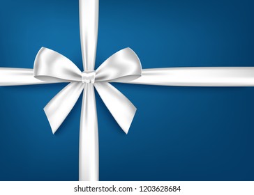 White  gift ribbon and bow isolated on blue  background. Christmas, New Year, birthday silver decoration. Vector realistic decor element  for banner, greeting card, poster.