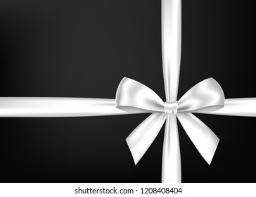 White  gift ribbon and bow isolated on black  background. Christmas, New Year, birthday silver decoration. Vector realistic decor element  for banner, greeting card, poster.