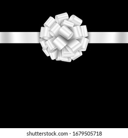 White Gift Ribbon Bow Vector. Illustration of White Greeting Gift Wrapping Ribbon and Bow on Black Background. Greeting gift bow concept.