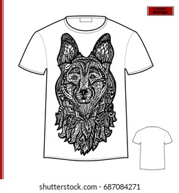 White gift T-shirt with Dog head, face sheepdog,  animal graphic symbol 2018, isolated vector illustration.