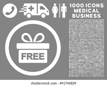 White Gift vector rounded icon. Image style is a flat icon symbol inside a circle, gray background. Bonus clipart contains 1000 healthcare business pictographs.