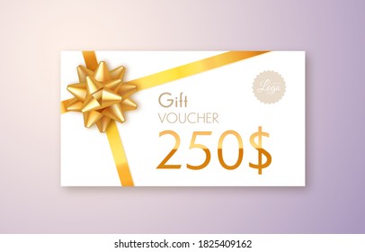 White Gift Voucher With Gold Ribbon And Bow Isolated. Gift Card Vector Flyer