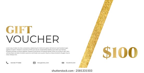 White gift voucher template with golden element and text. Elegant classic promotion design. Vector illustration for birthday, beauty, spa, wellness, travel
