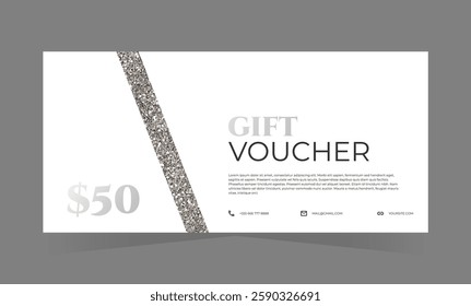 White gift voucher template with silver element and text. Elegant classic promotion design. Vector illustration for beauty, spa, fashion, photography