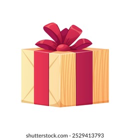 White gift wrap with red bow. Christmas gift, festive birthday box. Vector isolated element