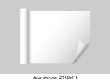 White gift wrapping paper mockup with rolled edge and curved corner isolated on background, clean paper texture for gift wrap design, packaging, branding, print, magazines, catalogs or newspapers.