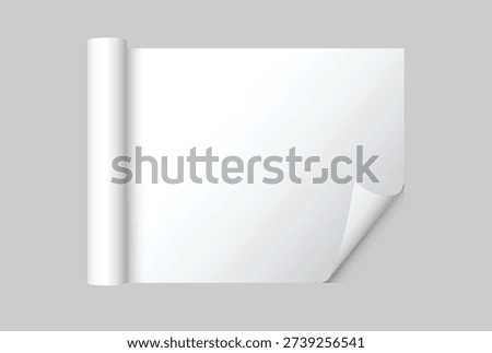 White gift wrapping paper mockup with rolled edge and curved corner isolated on background, clean paper texture for gift wrap design, packaging, branding, print, magazines, catalogs or newspapers.