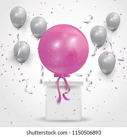 White giftbox with silver ballon on white background. Celebration Vector illustration. Party flags with confetti.
