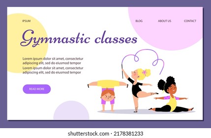 White ginger boy and Black and blonde girls at gymnastic class for kids. Split and handstand stretching and acrobatics cartoon vector illustration. Little ballerina dances with ribbon,artistic posture