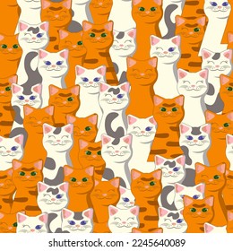 White, ginger, gray, stripped, tabby and spotted cats on animalistic seamless pattern vector