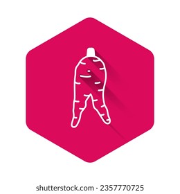 White Ginseng root icon isolated with long shadow background. Pink hexagon button. Vector