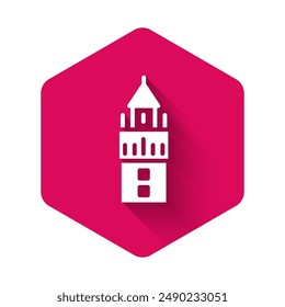 White Giralda in Seville Spain icon isolated with long shadow. Pink hexagon button. Vector