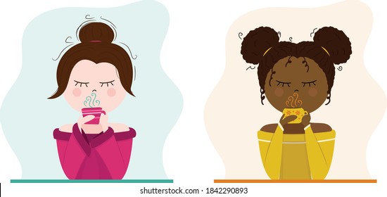 
White girl and black girl drinking coffee