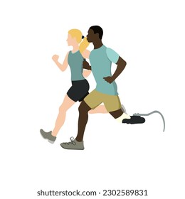 A white girl and a black man with a prosthetic leg jogging. Sports. Flat style.