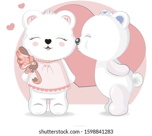 White Girl and boy Teddy Bears Valentines in Hearts, love symbol. Picture in hand drawing cartoon style, for t-shirt wear fashion print design, greeting. Valentine's Day card, party invitation