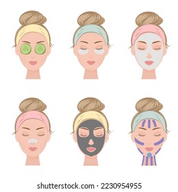 White girl with bun cares and protects her face with various actions, face, treatment, beauty, healthy, hygiene, lifestyle, set. Girl applies different face masks. Vector illustration.