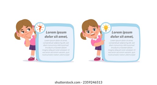 white girl character cartoon design with question and idea text box frame for message illustration vector. Education concept.