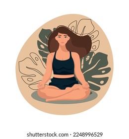 White girl doing yoga in plants background. Poster for yoga centre
