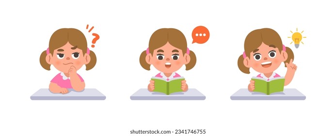 a white girl in doubt or have a question, reading the book, get an idea on the desk, study set. illustration cartoon character vector design on white background. kid and education concept.