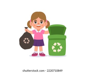 a white girl holding a trash bag with a recycle rubbish bin, illustration cartoon character vector design on white background. kid and education concept.