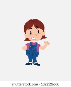 White girl in jeans showing something in positive attitude.																									