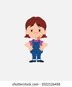 White girl in jeans in waiting attitude with funny expression.																									