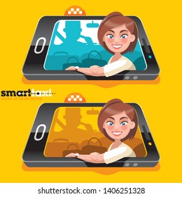 The white girl the passenger with a short hairstyle turns around back, sitting on back seat of the car. The illustration of a situation is entered in the smartphone screen.