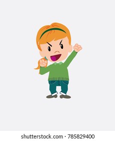 White girl with sweater cheering enthusiastically.																									