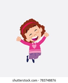 White girl with sweater jumping for joy.
