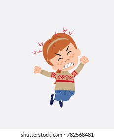 White girl with sweater jumps angry.
