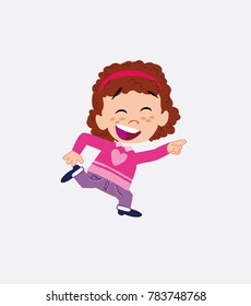 White girl with sweater running smiling.
