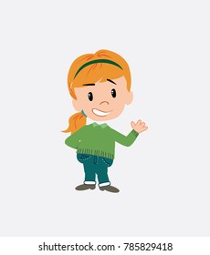 White girl with sweater showing something in positive attitude.																									