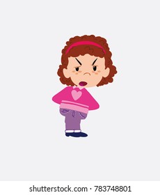 White girl with sweater is slightly angry.
