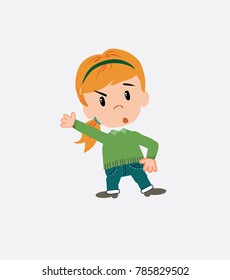 White girl with sweater something angry shows something to his right.																									